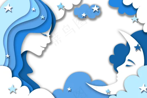 蓝色女神节月亮向下边框,免抠元素
