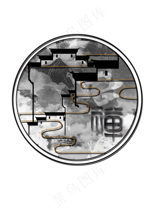 中国风水墨建筑荷花