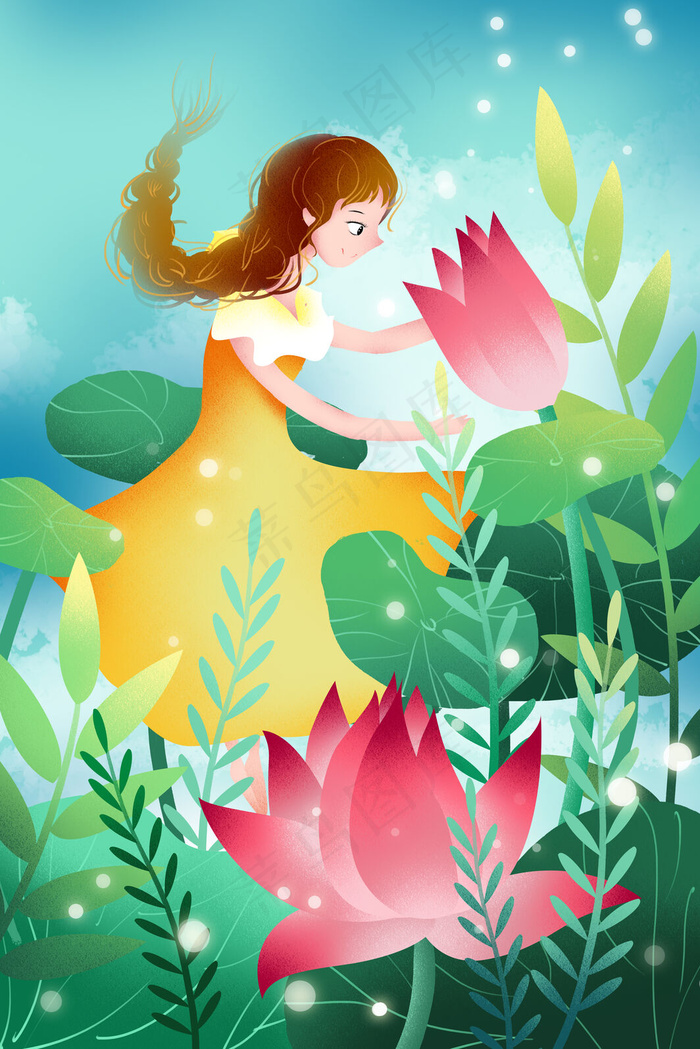 手绘清新立夏采荷女孩人物插画