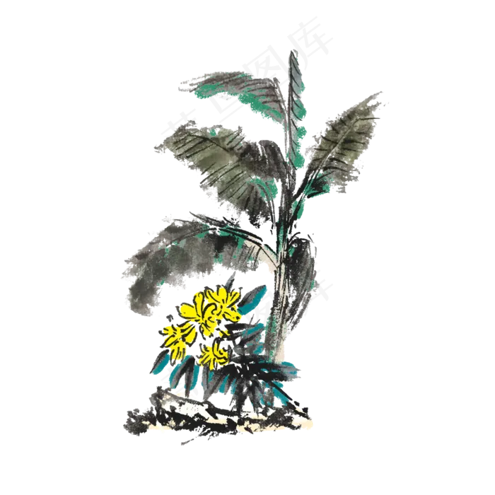 夏天芭蕉水墨手绘(2000X2000(DPI:300))psd模版下载