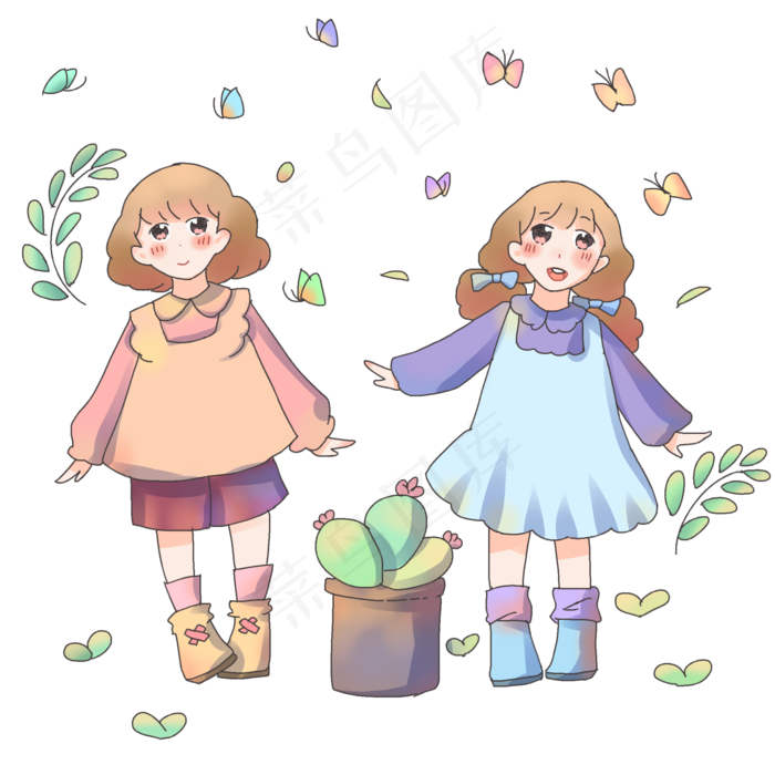春分人物和蝴蝶插画,免抠元素
