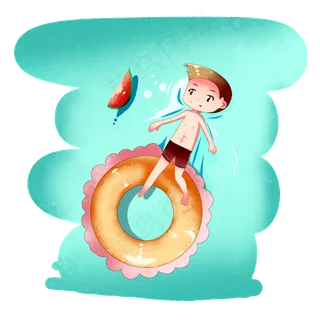 小暑大暑节气绿色卡通男孩游泳