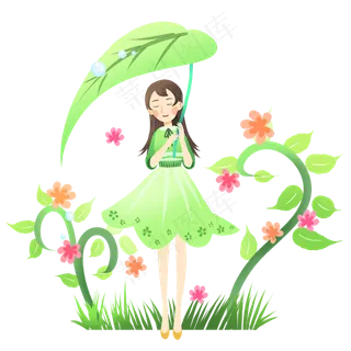 谷雨用叶子挡雨女孩