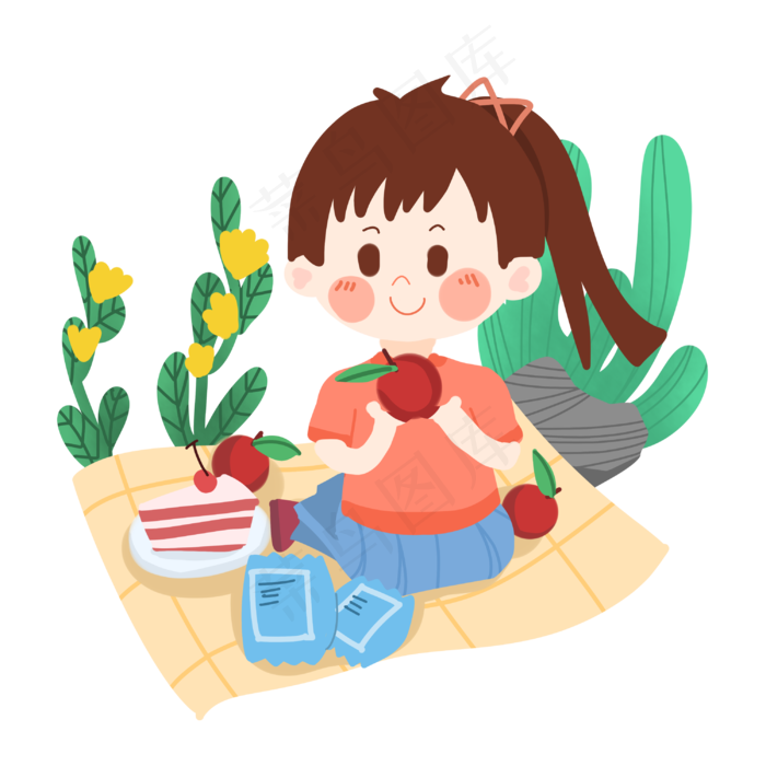 卡通女孩踏青出游野餐PNG素材
