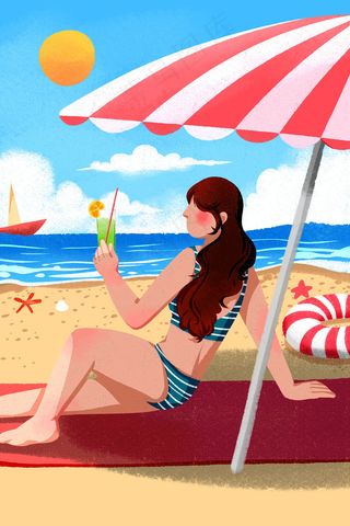 卡通手绘风夏景海边晒太阳配图