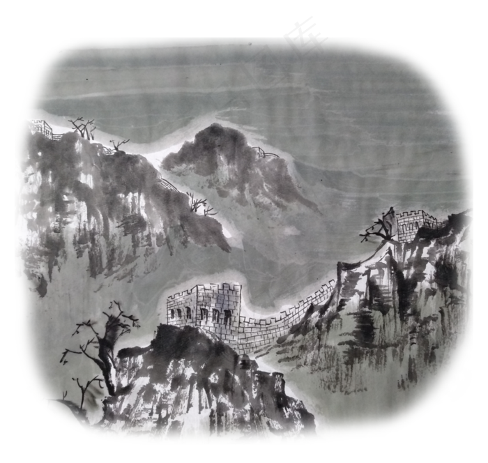 中国万里长城水墨雪景国画