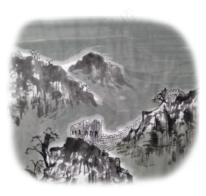 中国万里长城水墨雪景国画(3000X2847(DPI:300))psd模版下载