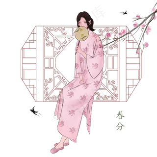 春分拿这扇子的小女孩,免抠元素