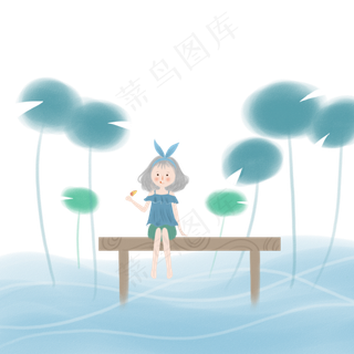 池塘乘凉吃雪糕的女孩夏季梦幻主
