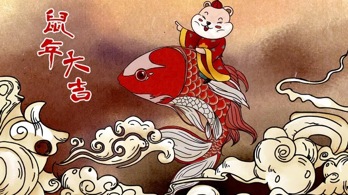 鼠年老鼠骑锦鲤为大家送新年祝福(2880*1620px 300 dpi )psd模版下载