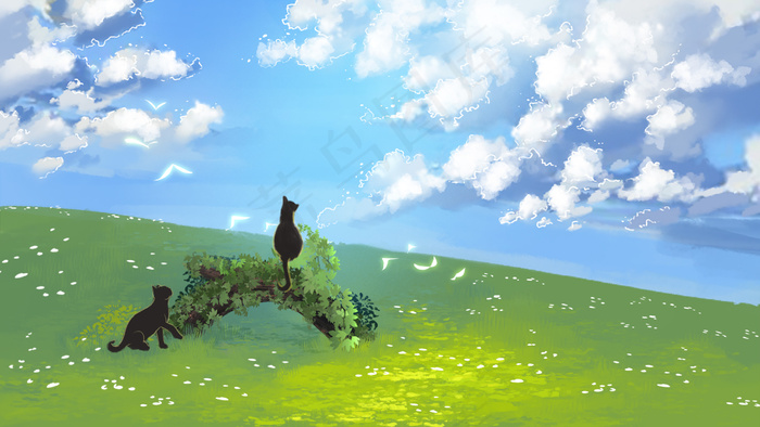 唯美治愈夏天猫咪场景(2880*1620px 300 dpi )psd模版下载