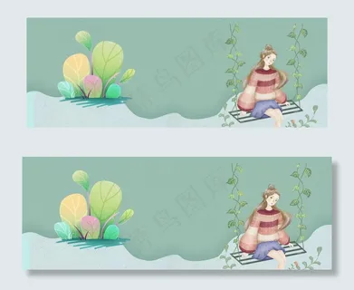 春季上新几何叶子手绘卡通女生绿banne