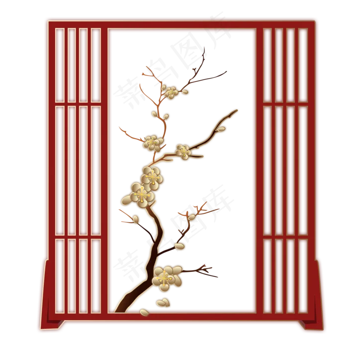 梅花金色红色窗框边框手绘,免抠元素(2000X2000(DPI:300))psd模版下载