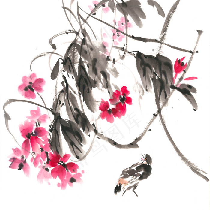 红花与小鸟水墨画PNG免抠素材(4724X4724(DPI:300))psd模版下载