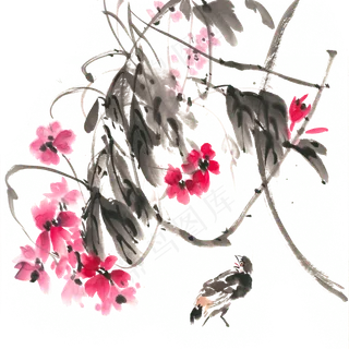 红花与小鸟水墨画PNG免抠素材