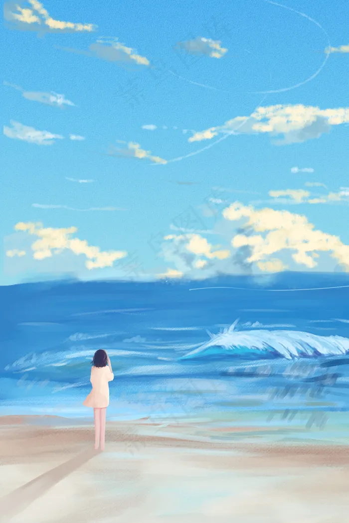 海边五月你好唯美治愈清新手绘少女夏春天
