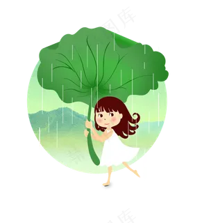 免抠女孩举着荷叶挡雨