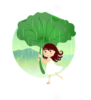 免抠女孩举着荷叶挡雨