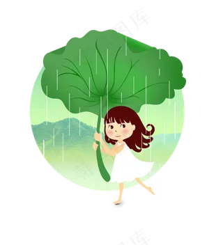 免抠女孩举着荷叶挡雨