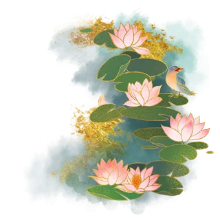 中国风荷花小鸟,免抠元素