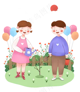 手绘小清新植树节种树的情侣下载