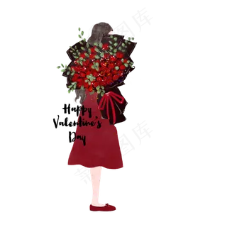 情人节红色系红裙子拿大束红玫瑰