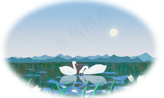 天鹅湖山水装饰风景墙纸壁画手绘