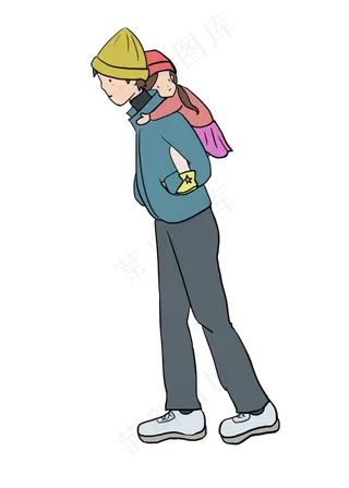冬天爸爸背着女儿走路