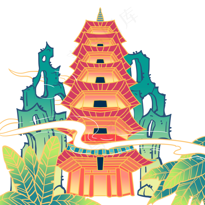 淡雅国画风格高塔净光寺