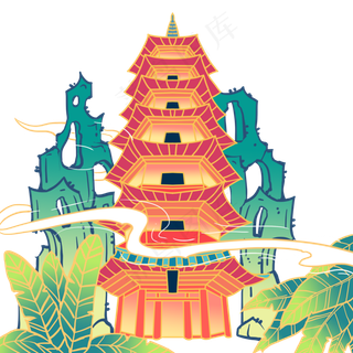 淡雅国画风格高塔净光寺