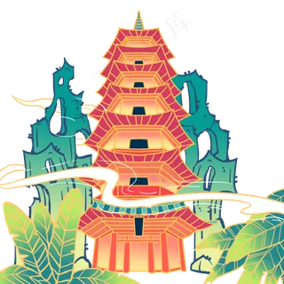 淡雅国画风格高塔净光寺