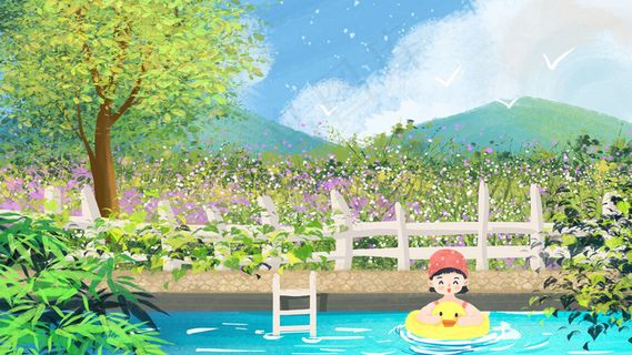 夏日五月你好风景小清新水池游玩
