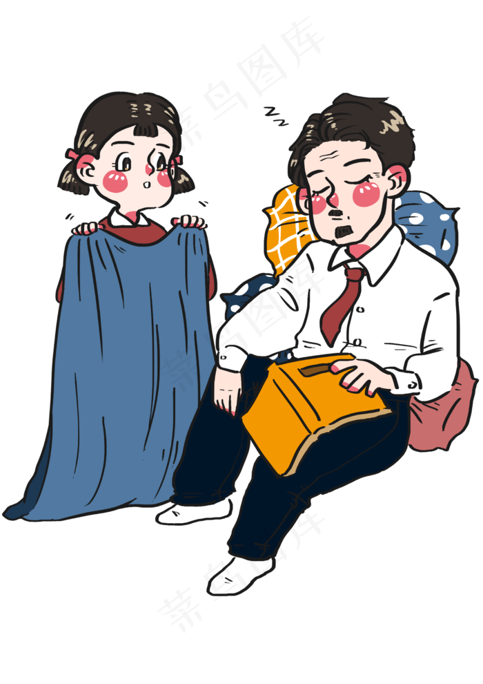 父亲节小孩给辛苦劳累睡着的爸爸