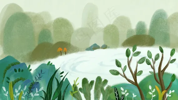 水墨风景简约干净清新绿色系手绘风