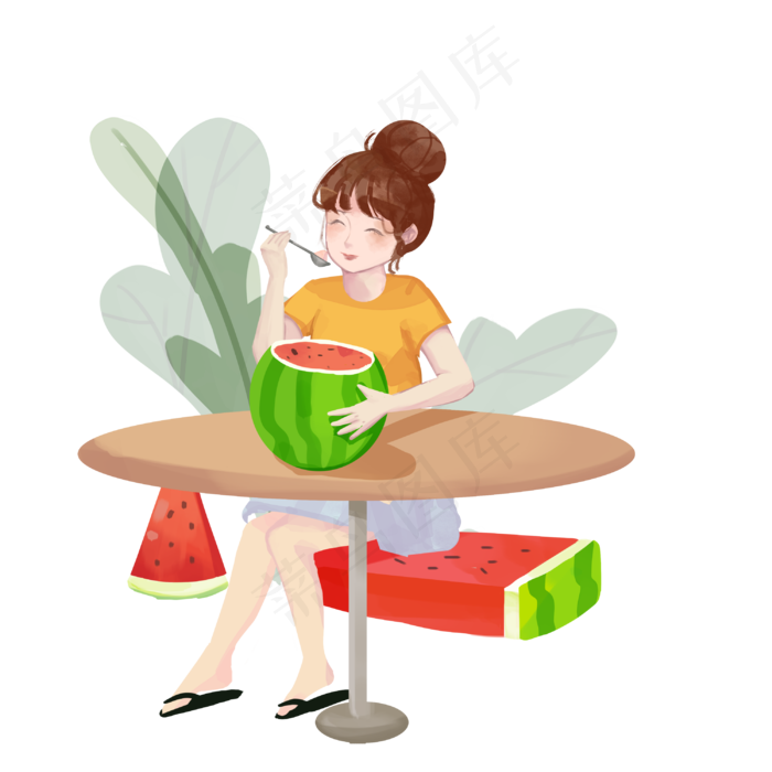吃西瓜乘凉女孩