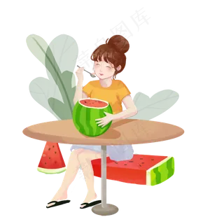 吃西瓜乘凉女孩