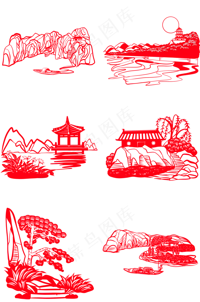 手绘中国风世界名胜古迹风景区剪,免抠元素