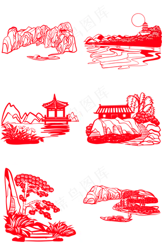 手绘中国风世界名胜古迹风景区剪,免抠元素