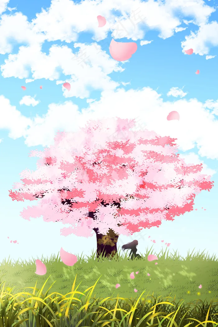 樱花树下的长发少女(3543X4724(DPI:150))psd模版下载