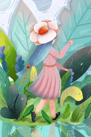 卡通可爱绿色系二十四节气谷雨女孩配图