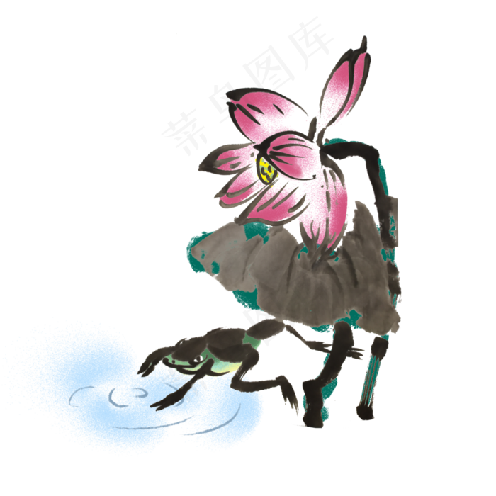 荷花荷叶夏天青蛙手绘插画