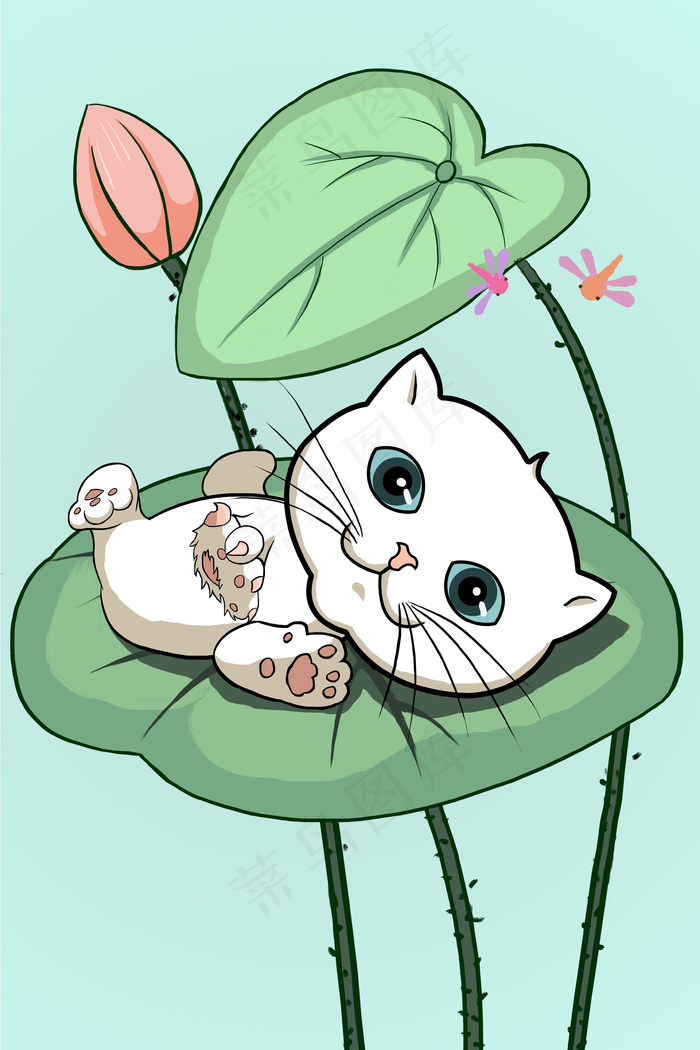 手绘荷叶萌猫可爱清新