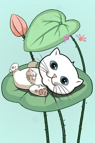 手绘荷叶萌猫可爱清新