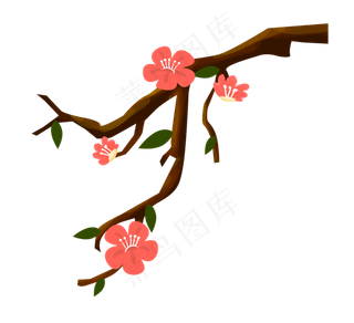 卡通枝头红色桃花,免抠元素