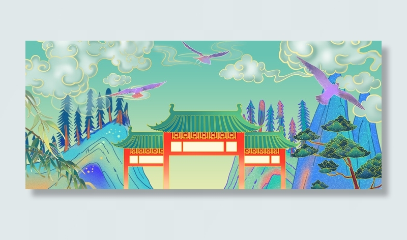 中国风金线山水新式古风牌坊国潮背景
