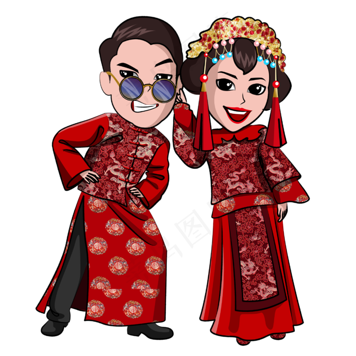 结婚季红色中国风婚礼Q版情侣3,免抠元素