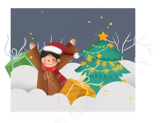 圣诞节蓝色卡通贺卡,免抠元素