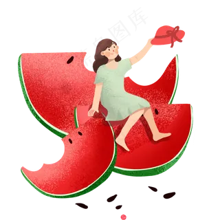 大暑女孩坐在西瓜上拿着太阳帽