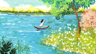 女孩湖上泛舟风景小清新