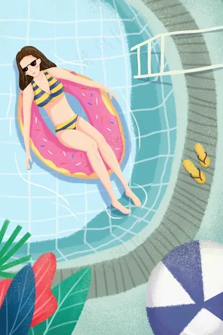 清凉夏天立夏游泳池游泳女孩清凉节气